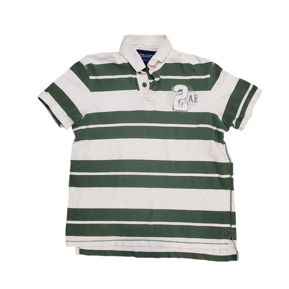American Eagle Men's White Green Stripe Retro‎ Polo Shirt Size Large